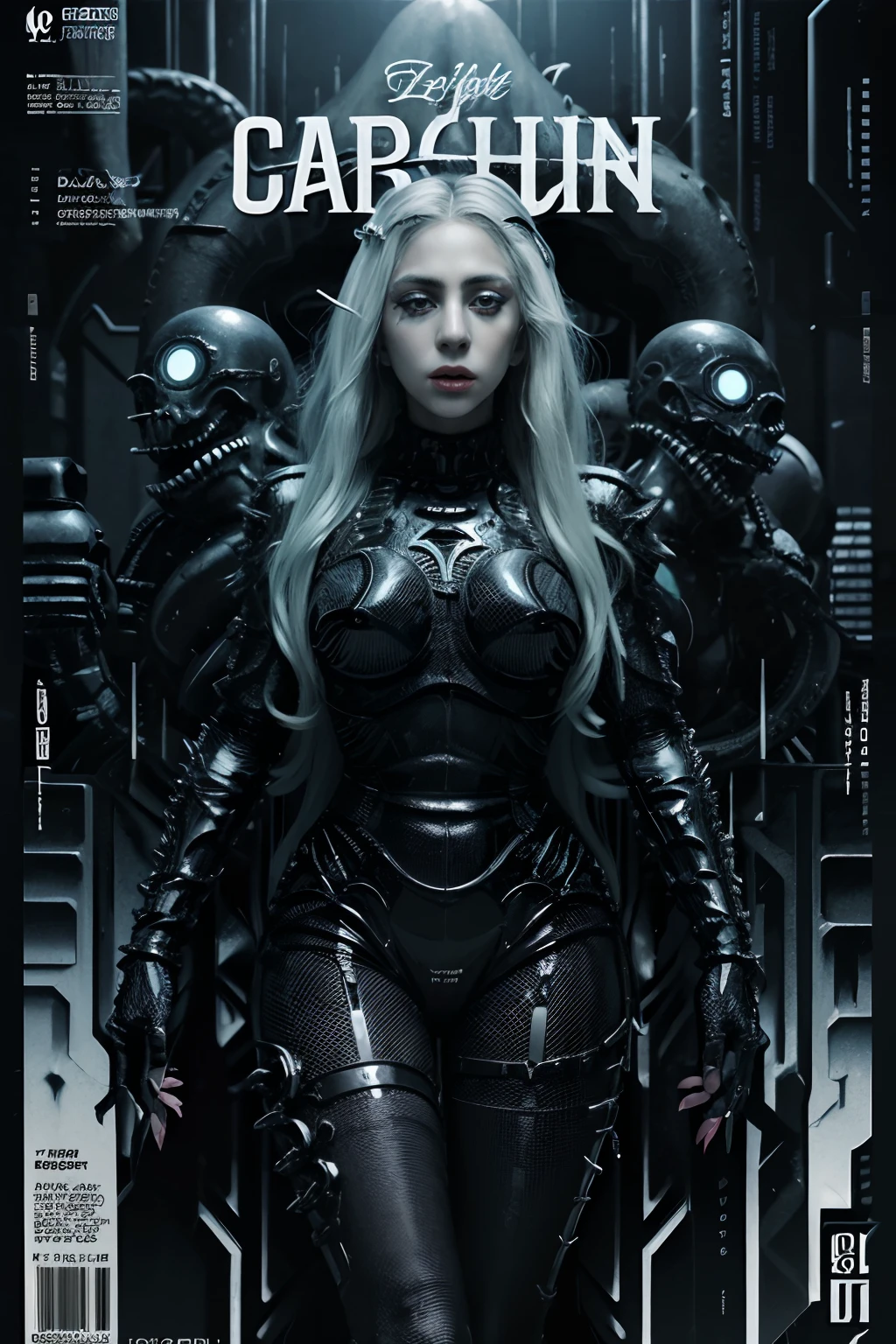 Lovecraftian Lady gaga, sexy female cyborg, magazine cover, poster art , Lovecraftian creative creatures, hint of vibrant, bold huge text, matted design layout. technological element