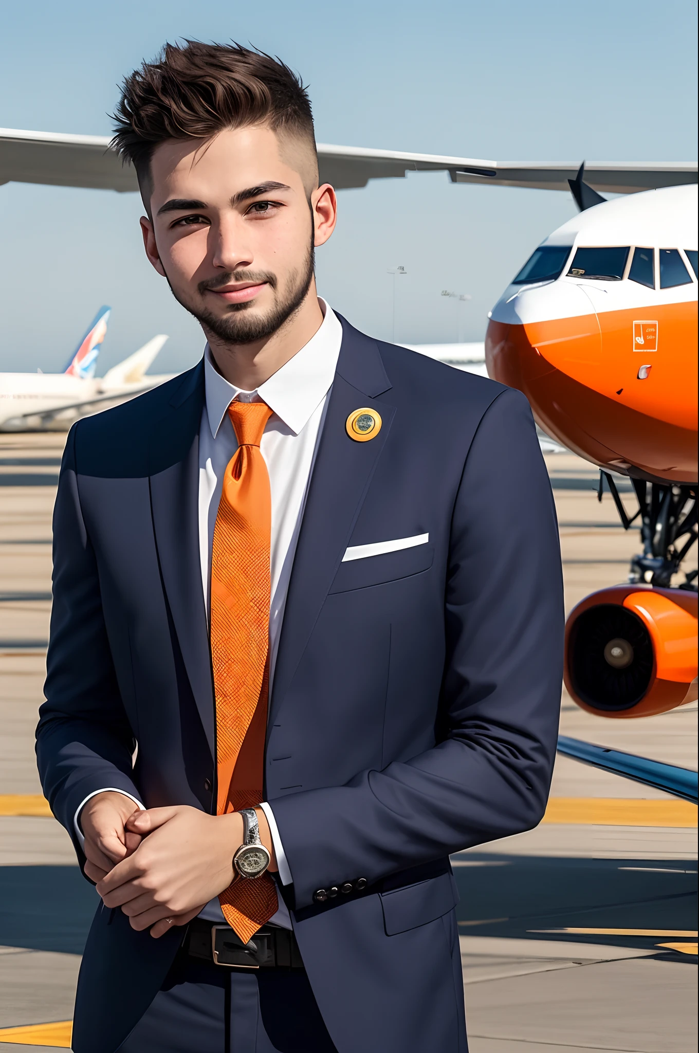 Photo of a boy with a crossed arm with a goatee beard , Young is wearing a suit with a tie and an orange badge , In the background there is a plane at the airport
