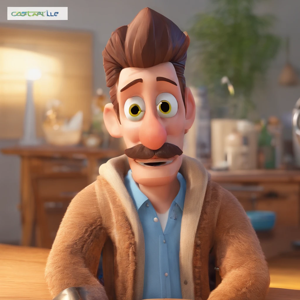 Criar um personagem no estilo Pixar. Trata-se de um homem de 30 anos, com barba, Branco, com cabelos castanhos curtos e um quiff, e olhos castanhos. Ele deve estar na frente de um computador, Trabalhar como designer