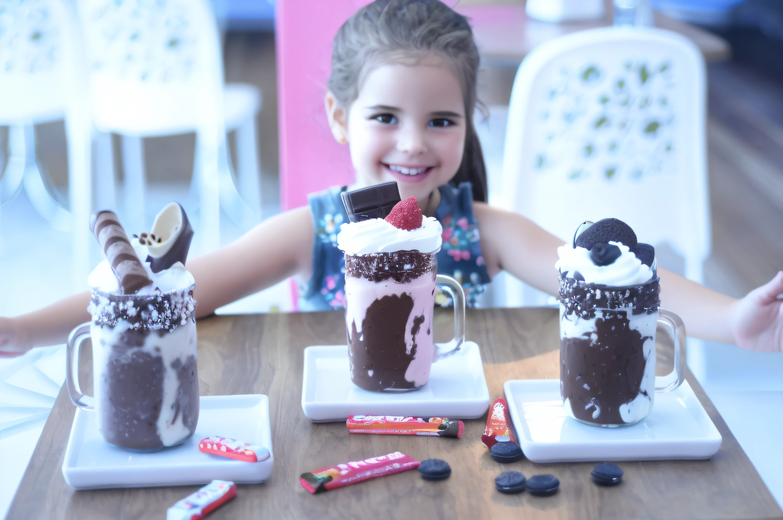 There's a disney pixar style girl, Sitting at a table with two cups of ice cream, milkshake, delicioso, sobremesa, Detalhe poderoso, Beba milkshakes juntos