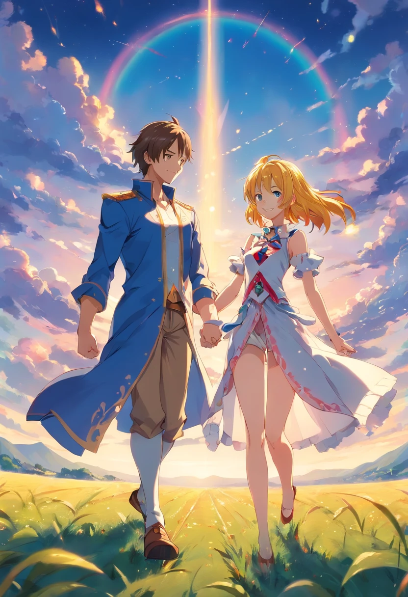 Harlequin King and Dianne The Seven Deadly Sins, a smile、Full body open field、Holding hands and hands、