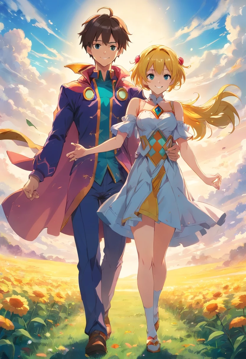 Harlequin King and Dianne The Seven Deadly Sins, a smile、Full body open field、Holding hands and hands、