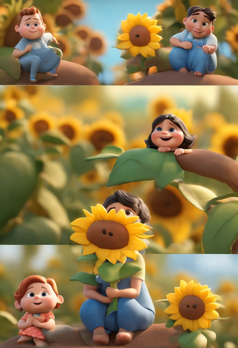 Create a Disney PIXAR-style 3D poster. ((centro da imagem, Triplets)), ((3 children)) ((1 menino no meio e 2 meninas ao lado, They're hugging each other, O menino tem pele castanha e cabelos castanhos escuros e olhos castanhos escuros, 1 menina tem pele clara, olhos e cabelos escuros e cacheados, e a outra menina tem pele morena, olhos escuros e cabelos escuros e lisos)) ((tudo isso no estilo Disney PIXAR 3D, In the background, A house of sunflowers, Gloria Studio, The garden is full of nature 3D render RTX clay material, estilo de design cartunesco, POP Mart, soft lighting, linhas suaves, Spring tilt, Detailed illustrations of PIXAR 3D, Detalhes hiper-realistas, cor quente no estilo Disney PIXAR 3D))