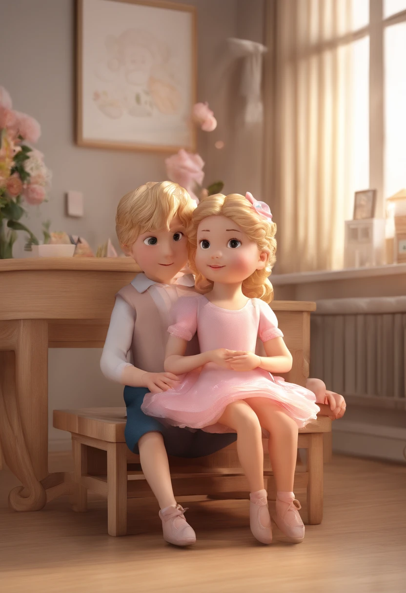 A , girl, blonde, curly hair, dressed as a ballerina, brown eyes, sitting on a wooden base with her legs crossed, along with her father, black hair and short beard and her mother, long blonde hair and a newbo.