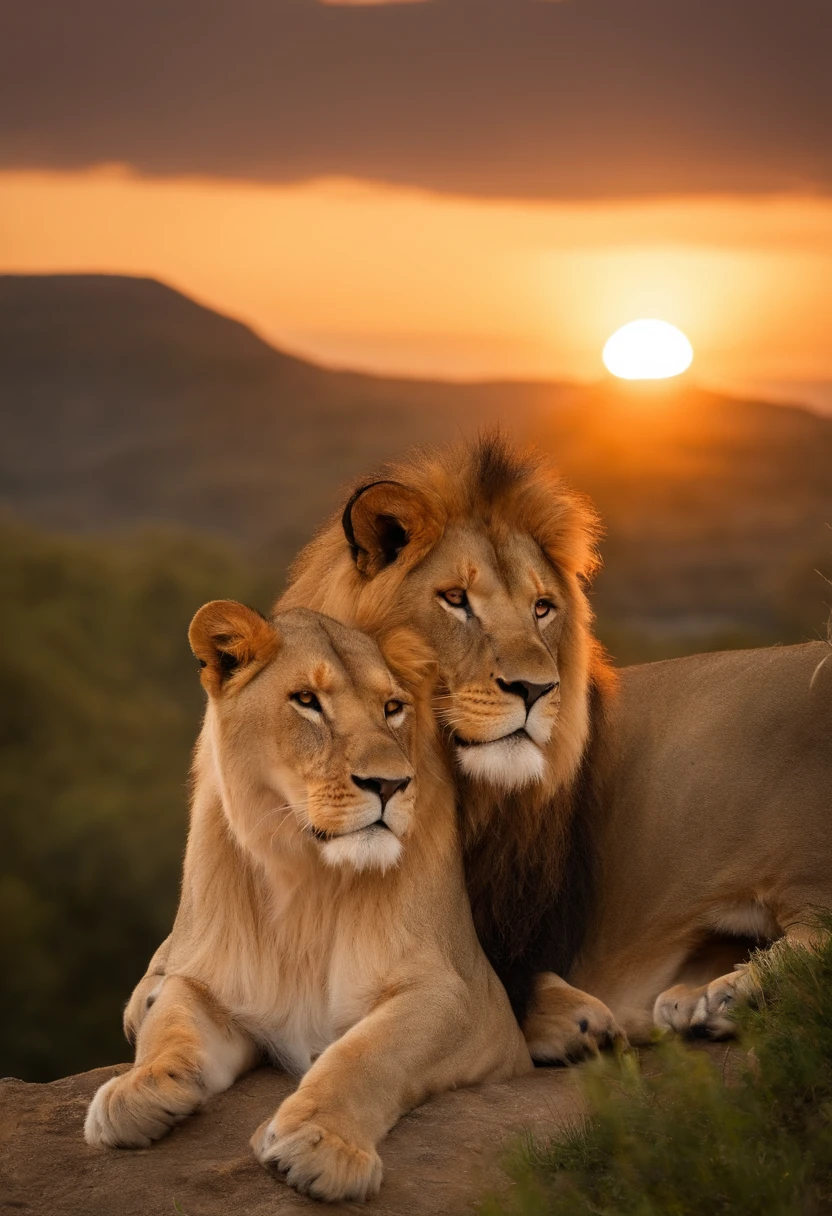 En este escenario,Majestic tigers stand on top of a magnificent hill。The sun is slowly setting in the background,La luz ilumina todo el paisaje,Create warm and spectacular sunset views,Su mirada era firme y confiada。This image shows the beauty and power of wild animals in natural ecology,Al mismo tiempo,, Enfatizar la grandeza y magnificencia de la naturaleza。It is an image that will surprise you and you will feel the beauty of nature,The stunning view of lions at sunset at the top of the mountain is perfectly captured。