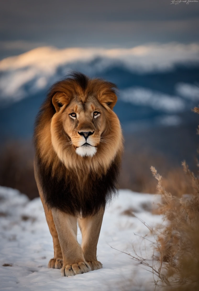 Dans ce scénario,Un lion majestueux se dresse au sommet d’une magnifique montagne。L’arrière-plan est le soleil qui se couche lentement,La lumière brille sur tout le paysage,Créez des couchers de soleil chaleureux et spectaculaires。La crinière de lion flotte doucement dans la brise,Son regard est ferme et confiant。Cette image montre la beauté et la puissance des animaux sauvages dans leur écologie naturelle,En même temps, il te regerde dans les yeux avec une grande force La grandeur et la magnificence de la nature sont soulignées。C’est une image qui vous fait vous émerveiller et sentir la beauté de la nature,La vue imprenable sur les lions au coucher du soleil au sommet de la montagne capture parfaitement。