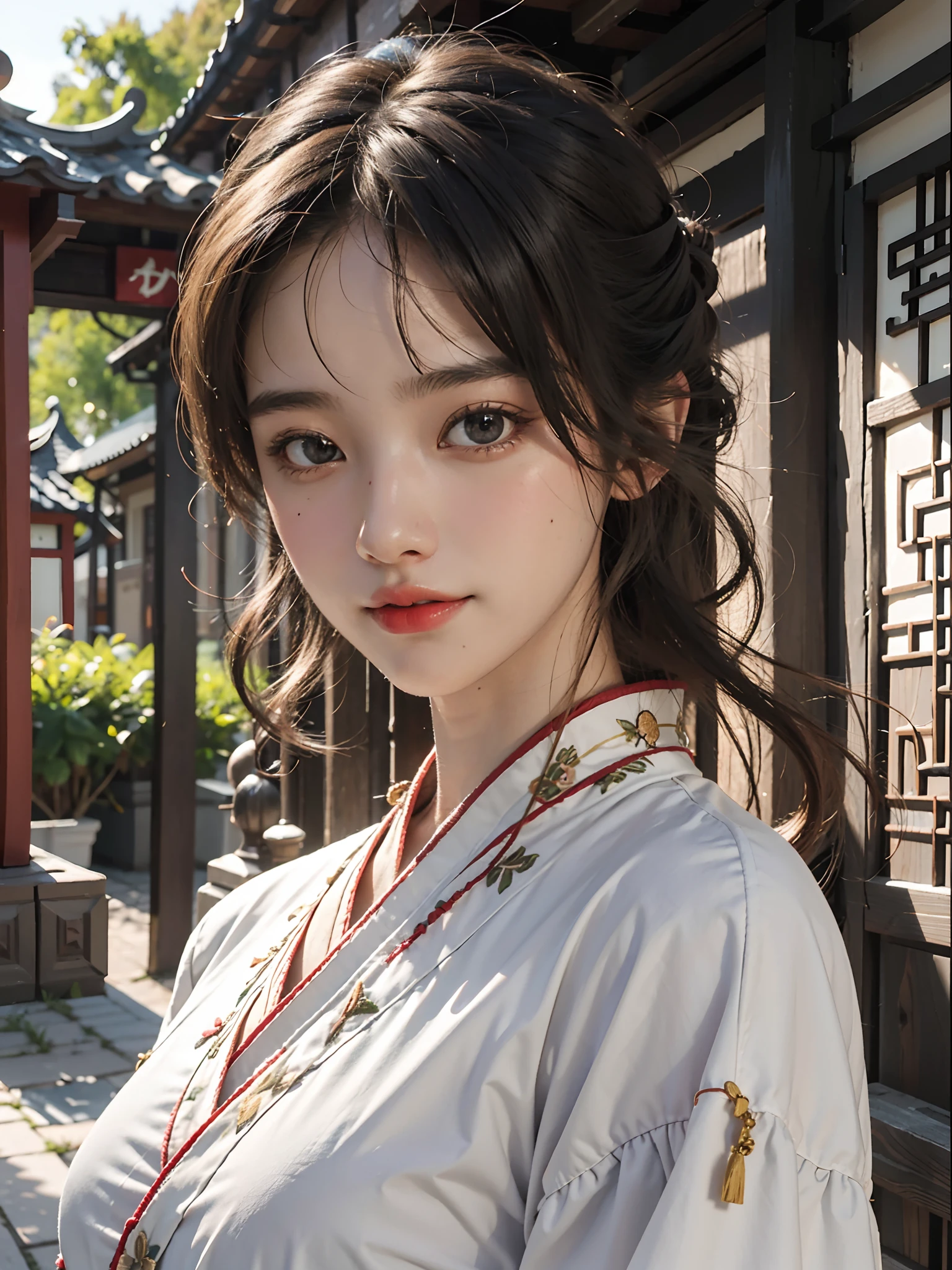 1girll，light  smile，Glossy glossy skin,(Photorealsitic),8k,A high resolution，
best qualtiy，tmasterpiece，（hentail realism：1.4）,(Hanfu)