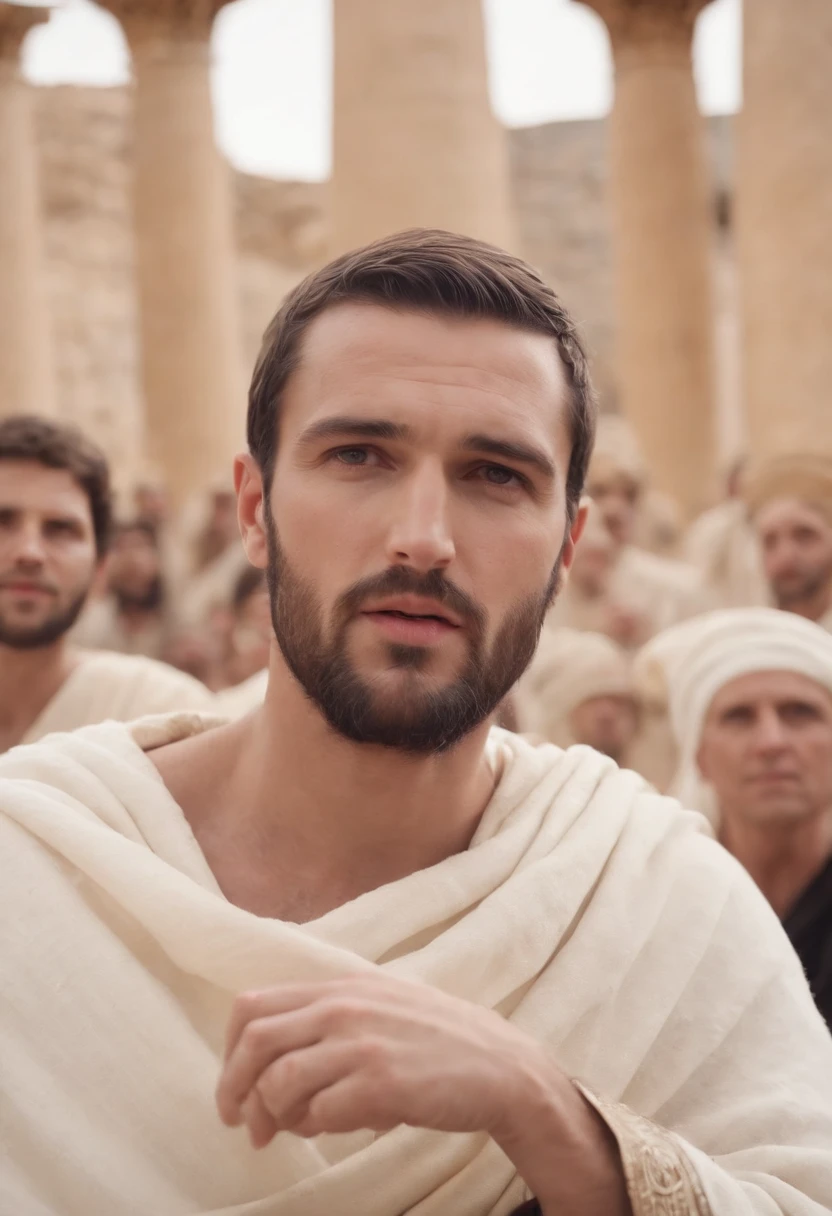 A Man Orator in Ancient Greece Speaking to a Seated Crowd. Ancient and classic pre-Christ garments
