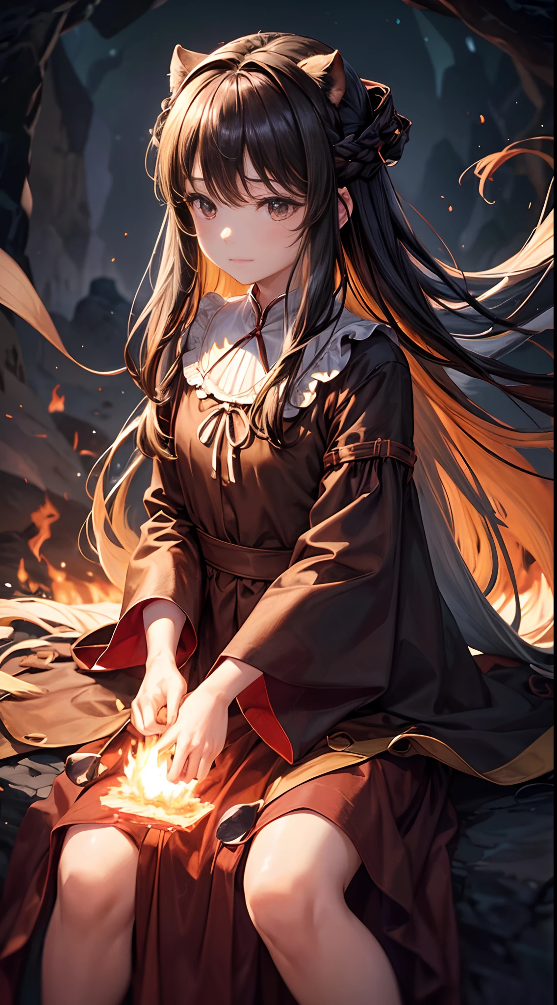 (Best Quality, Masterpiece), (1girl, 独奏,brown dress, countenance, looking at the side, sitting, wide sleeves, Black Eyes, closed mouth, Ribbon form of fire on the head, Long hair, Cowboy shot), (Monochrome, Night sky at the entrance to the cave , light, rising from the bottom, Inside the cave, floating glowing blob of white particles, A burning fire at hand, A floating set of small fires),