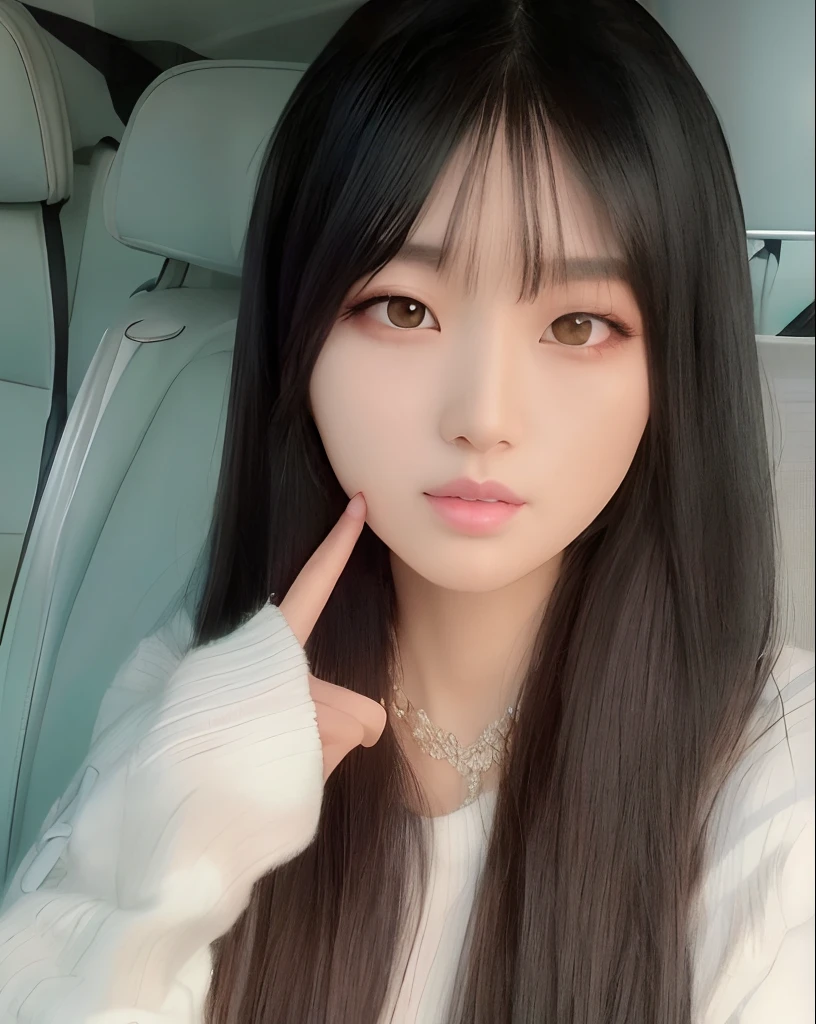 Araffe asian woman with long black hair and a white sweater, Ulzzang, Lalisa Manobal, Jaeyeon Nam, young adorable korean face, Ela tem cabelo preto com franja, O corte Hime, Lee Ji - Eun, Lee Ji-eun, coreana, Heonhwa Choe, com franja, Jinyoung Canela, wan adorable korean face