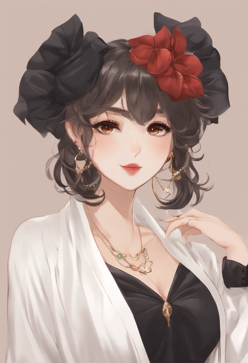 Mayuzumi Fuyuko, 1girl, sozinho, cabelos pretos, kalap, jewelries, cabelos longos, Olhando para o Viewer, franja, Brincos, saia, fundo branco, sorrir, camisa, fundo simples, heart earrings, mangas compridas, Heart, black headwear, camisa preta, gargantilha babada, seios, olhos castanhos, Gargantilha, franja contundente, parte superior do corpo, boina, medium breasts, saia marrom, Frescuras, nail polish, fita, unhas vermelhas, boca fechada, animal print, corar, mangas babadas, Leopardo, neck ribbon, own hands together