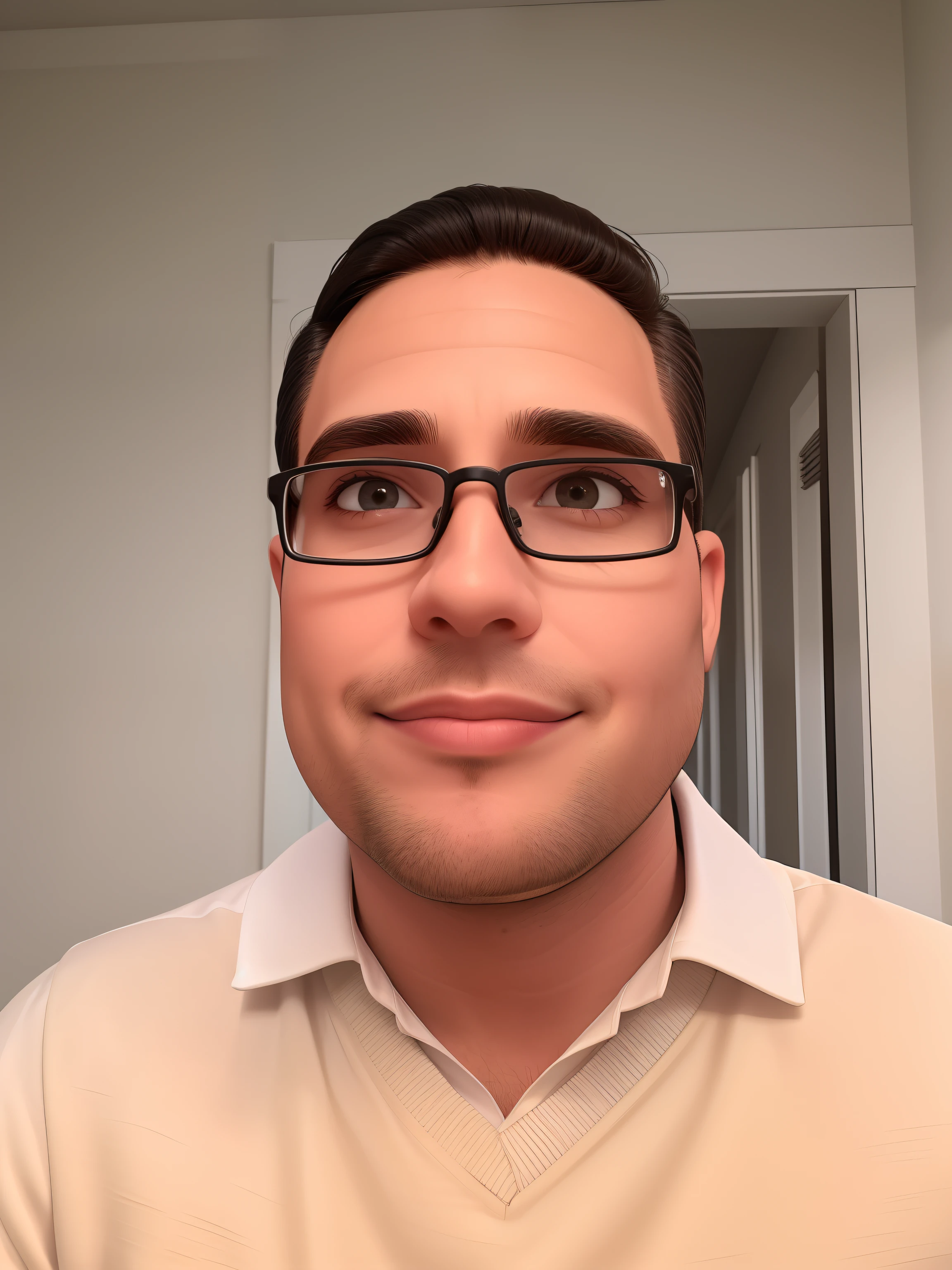 Um homem de 30 anos, com cabelos castanhos curtos,face de diamante, olhar rigoroso, e olhos castanhos, Wearing white white shirt with tie and glasses.