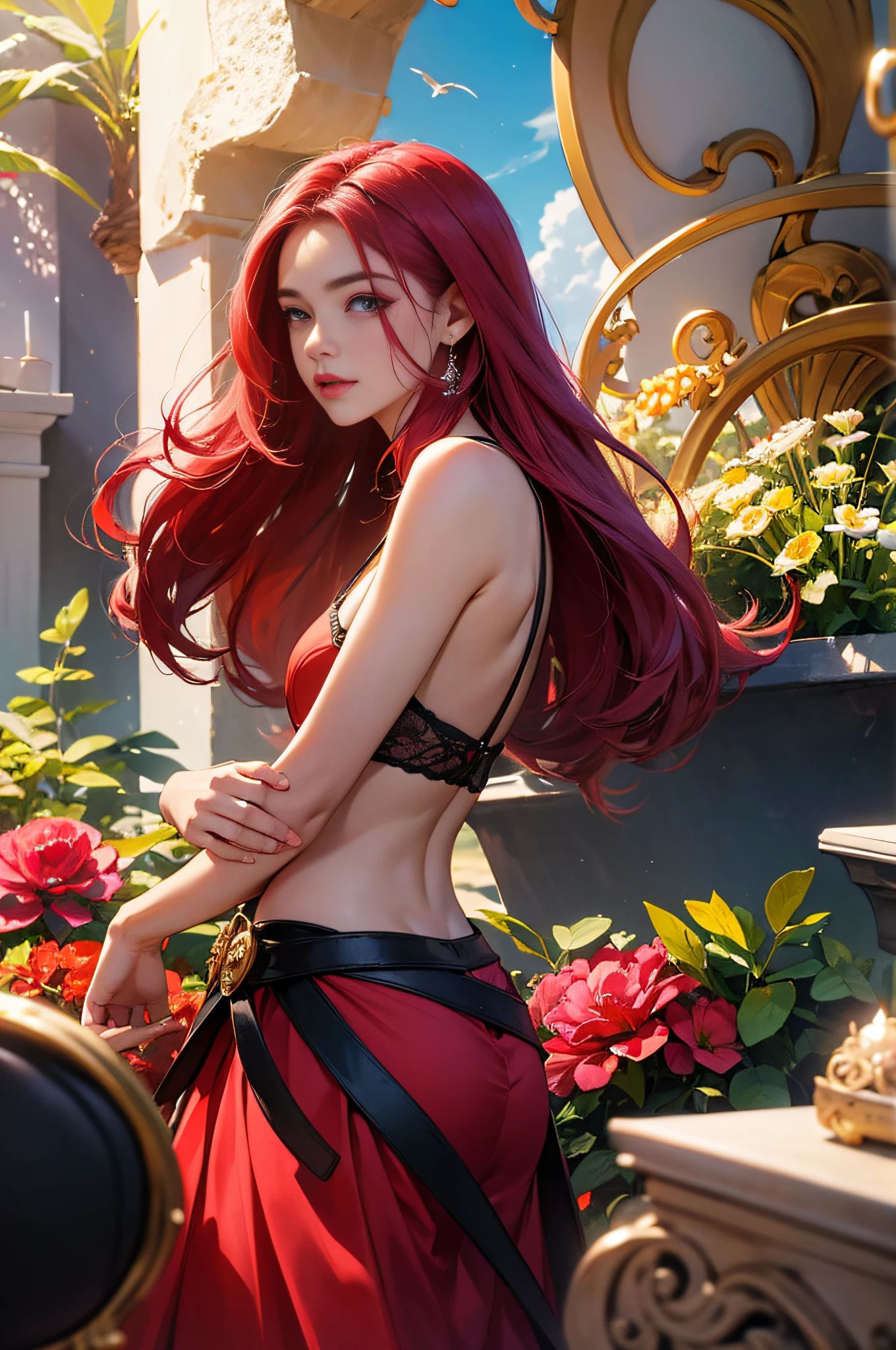 1girl, master part, best quality, ultra-detalhado, , belos olhos detalhados, Olhando para o Viewer, pernas abertas,saia , Bra Red, seios grandes, clivagem, Backround detalhado, magenta hairs , cabelos longos, olhos de dragao, Antecedentes detalhados, sala --auto