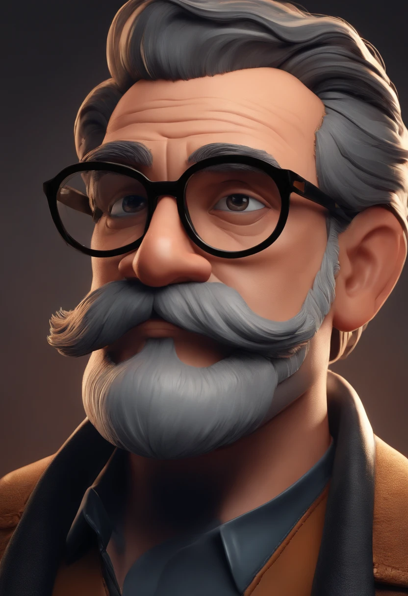 Personagem de desenho animado de um homem gordo, com barba e bigode, wearing black glasses, cor Moreno.