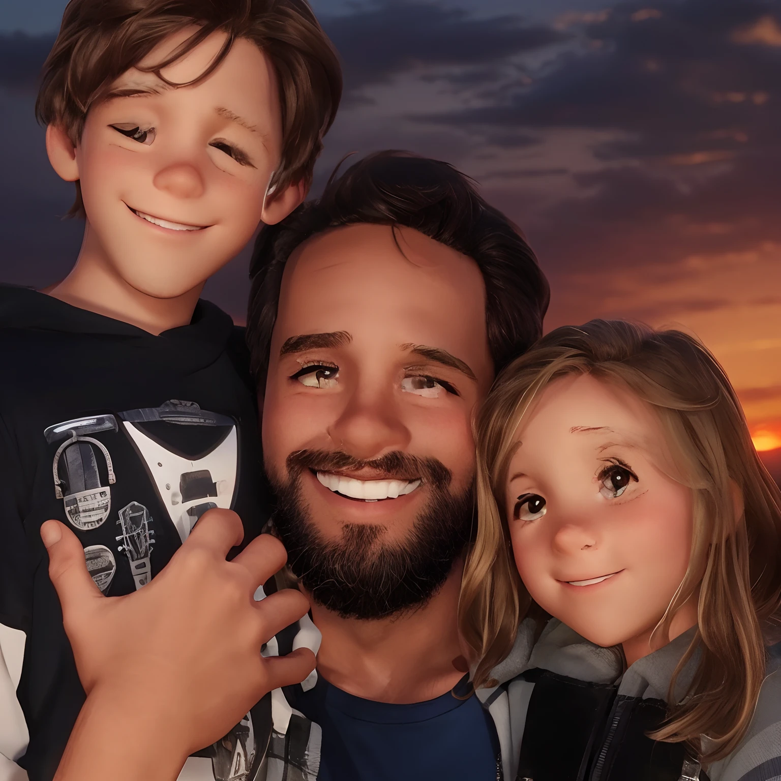 a boy, a father and a girl, smiling, with a beautiful sunset at background