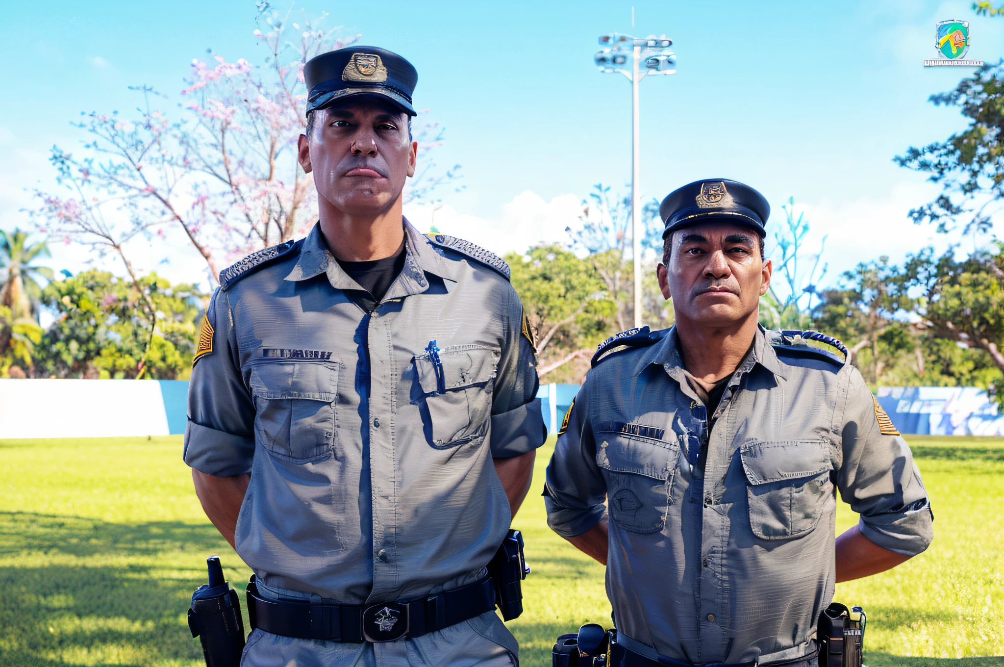 Two Characters Who Are Military Police Officers, animation character, Caractere estilizado, animation style rendering, 3D estilizado, Arnold Maya render, 3 d render stylized, toon render keyshot, Personagem 3D, Personagem 3D, 3d rendering stylized, 3 d character render, personagem de desenho animado, Personagem de close up, Pose de personagem, (Estilo Pixar) (master part:1.2) (Bokeh) (best quality) (pele detalhada) (textura detalhada) (8k) (argila) (Cinematic lighting) (foco nítido