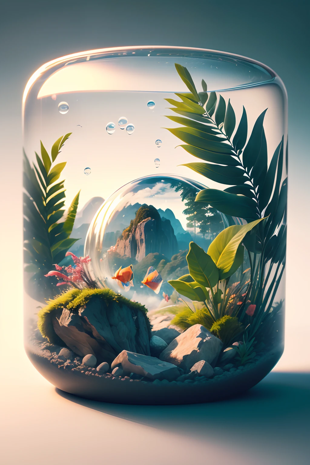(8k, RAW photo, best quality, masterpiece:1.2), bubblerealm tropical forest with tropical fish, (ink, white background, )isometric_dreams, gray gradient background