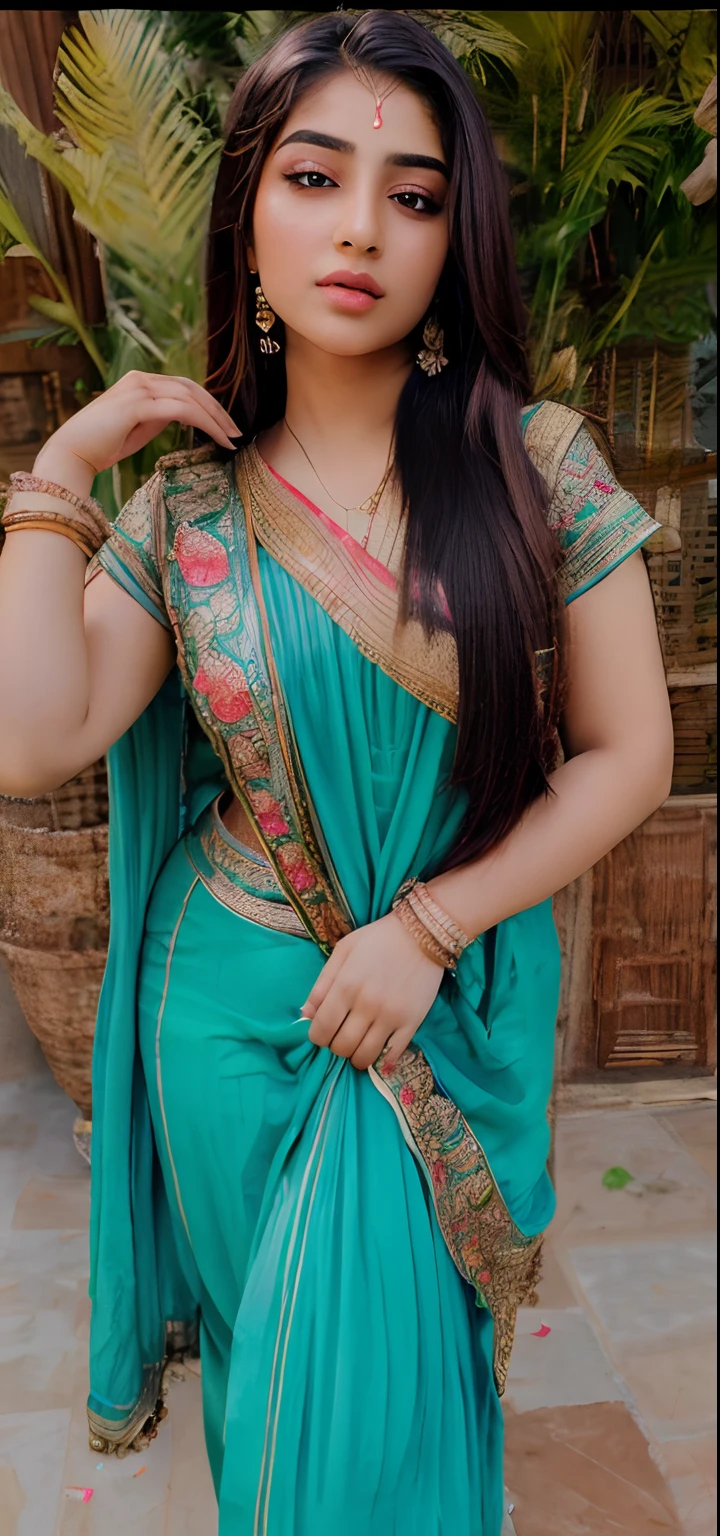 ((Masterpiece)), ((ultra-high resolution)), Pakistani girl, chubby figure,skinny waist and thick hips, long straight hair,fair skin, traditional look,
