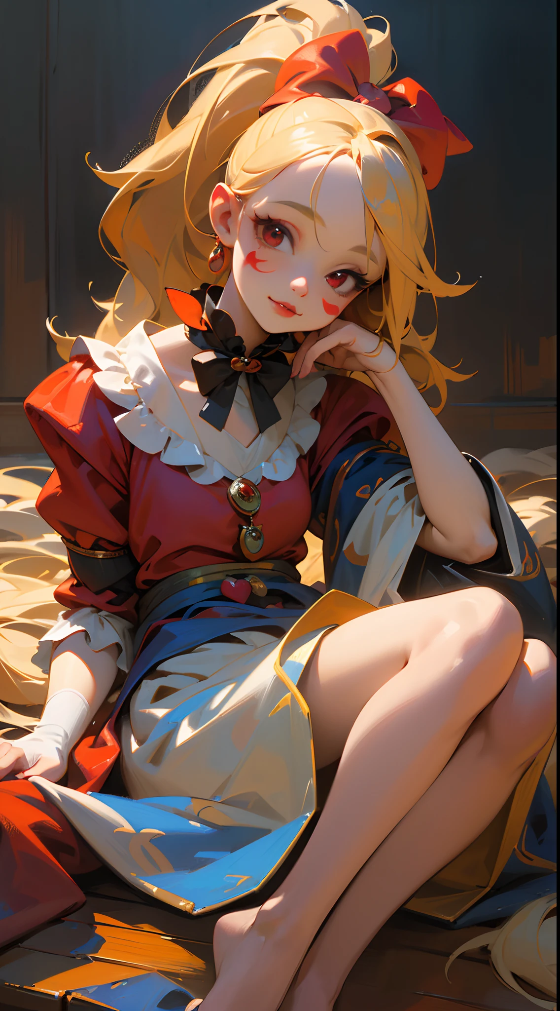 (best quality,4k,8k,highres,masterpiece:1.2),ultra-detailed,(realistic,photorealistic,photo-realistic:1.37),illustration,oil painting,3D rendering,photography,portraits,landscape,colorful,bright lighting,A at the age of golden hair flowing down in a ponytail,innocent and pure smile, big round red eyes that can melt hearts,small and delicate figure, dressed as a jester of the royal court, with a whimsical and mischievous touch in her appearance, wearing a traditional clown makeup with white face paint and dark red lips, creating a contrast between her youthful innocence and the mystery behind her eyes. The artwork showcases the beauty and complexity of childhood, capturing the essence of joy, innocence, and a touch of enigmatic charm. The medium used for this artwork is a combination of vibrant illustration and realistic oil painting techniques, creating a sense of depth and texture. The details in the artwork are incredibly intricate and precise, highlighting every brushstroke and fine line, allowing viewers to appreciate the exquisite craftsmanship. The colors in the artwork are vivid and dynamic, with a wide range of hues that evoke a sense of warmth and playfulness. The lighting in the scene is bright and cheerful, illuminating the little girl's face and eng the overall atmosphere of happiness and delight. The artwork is a true masterpiece, with high-quality resolution and attention to detail, making it suitable for display in galleries and museums.