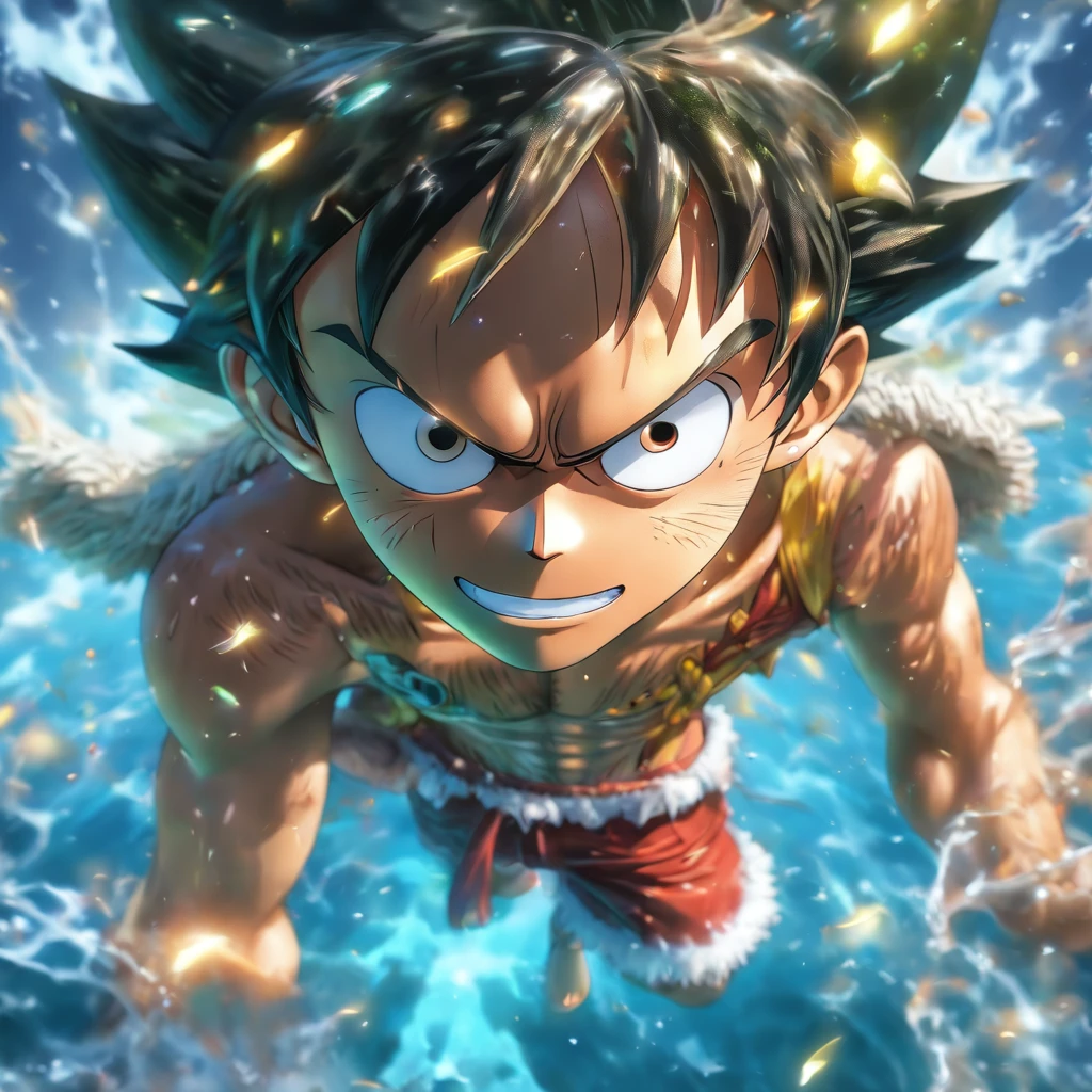 (Estilo Pixa) Luffy (One peiace), Modelo de personagem em miniatura, no alto mar, fonte de luz da direita para a esquerda, Rum lighting, fonte de luz da direita para a esquerda, (ISO distance vision), (de cima para baixo), Realistic proportions, Post-processing, ((perspectiva ortogonal)), Super Detalhe, Realistic, super realistic, photoreal render, Cor irridescent, Glitters