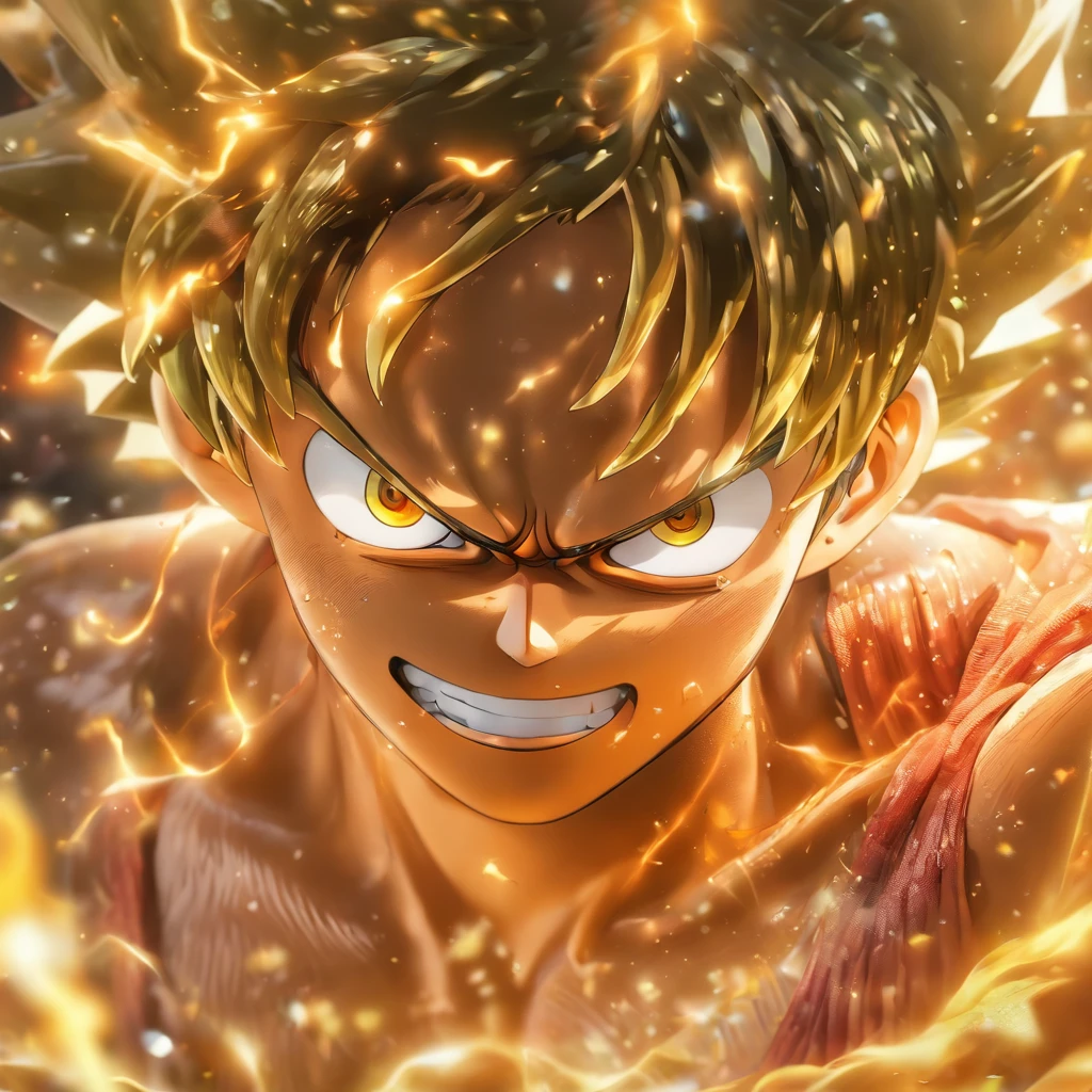(Estilo Pixa) Luffy (One peiace), Modelo de personagem em miniatura, no alto mar, fonte de luz da direita para a esquerda, Rum lighting, fonte de luz da direita para a esquerda, (ISO distance vision), (de cima para baixo), Realistic proportions, Post-processing, ((perspectiva ortogonal)), Super Detalhe, Realistic, super realistic, photoreal render, Cor irridescent, Glitters