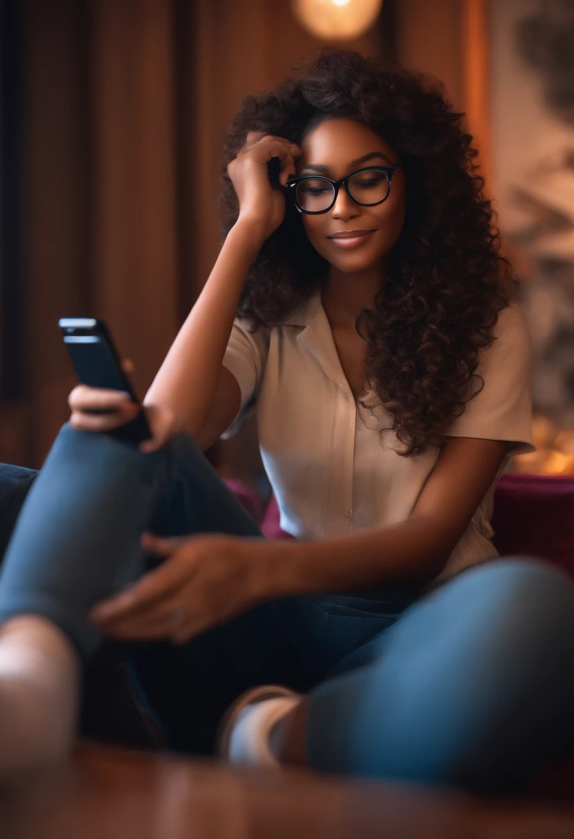 Pixar style image with 3D character glasses black brunette woman long curly hair sitting watching cell phone, Maquiagem Disney, sorridente ,Close-up, Pixar, Disney, Cinema lighting,
