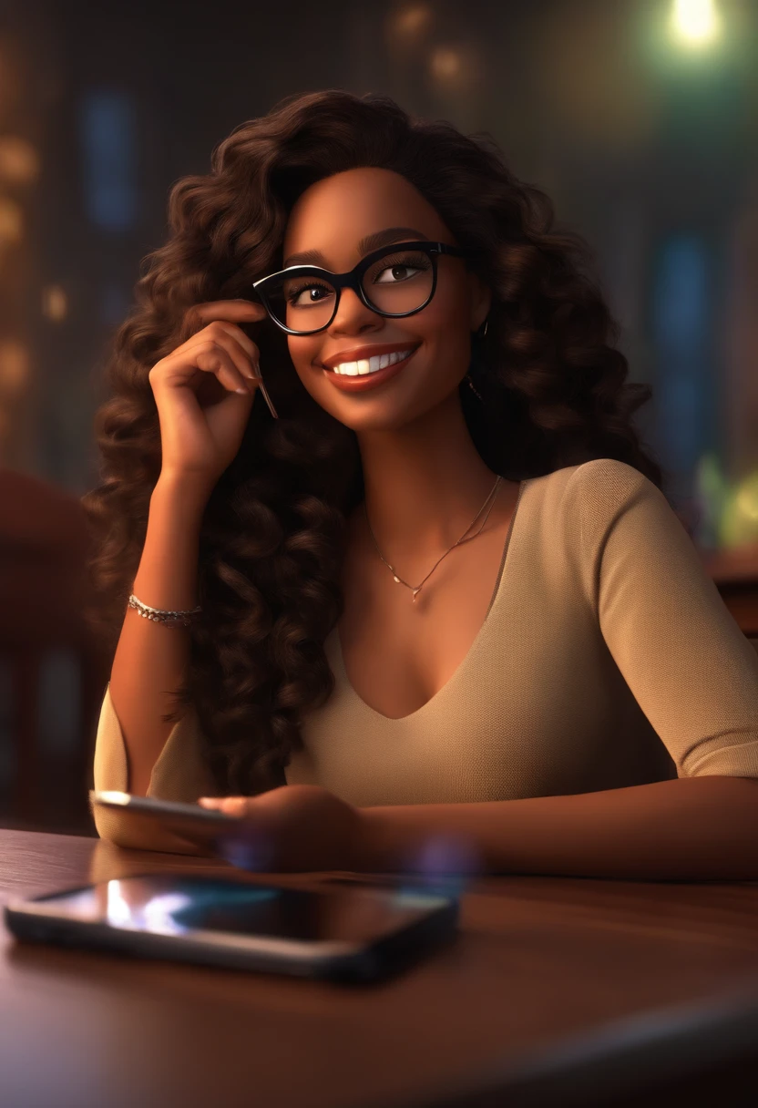 Pixar style image with 3D character glasses black brunette woman long curly hair sitting watching cell phone, Maquiagem Disney, sorridente ,Close-up, Pixar, Disney, Cinema lighting,