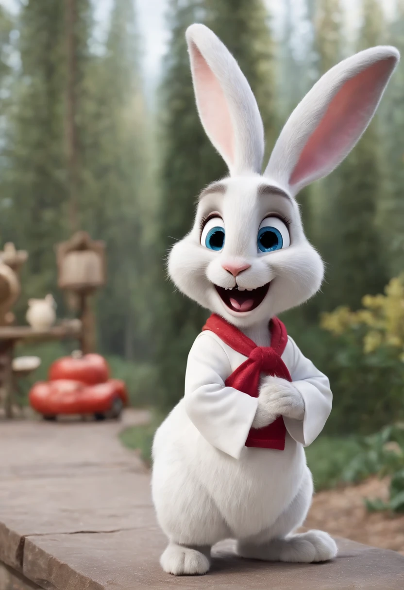 3D Pixar Disney style, adorable full-length white rabbit with a big, wide smile with visible upper teeth, big blue eyes, big ears and a chef's hat on his head, wears a maple red dolman with chrome buttons, in a backdrop completely white, sharp focus, RAW Photography, dramatic lighting, full-length portrait, standing, full-length photo , full body photography,