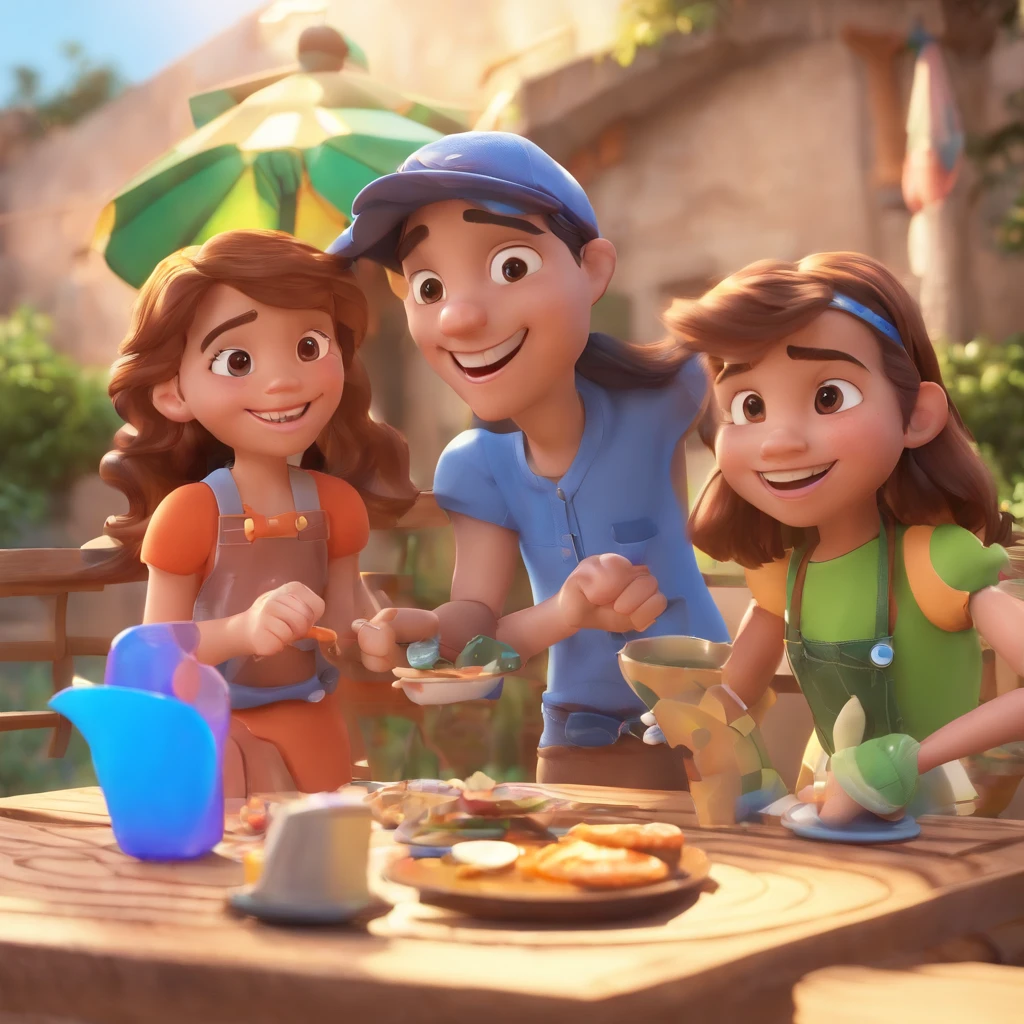 Crie uma cena de desenho animado  stilo 3d - Disney Pixar Cartoon, onde uma mulher, branca de cabelos lisos e castanhos com 29 anos de idade, It's in a park where there's a river, com a sua filha, uma  pequena, branca dos cabelos loiros e ondulados, fazendo piquenique