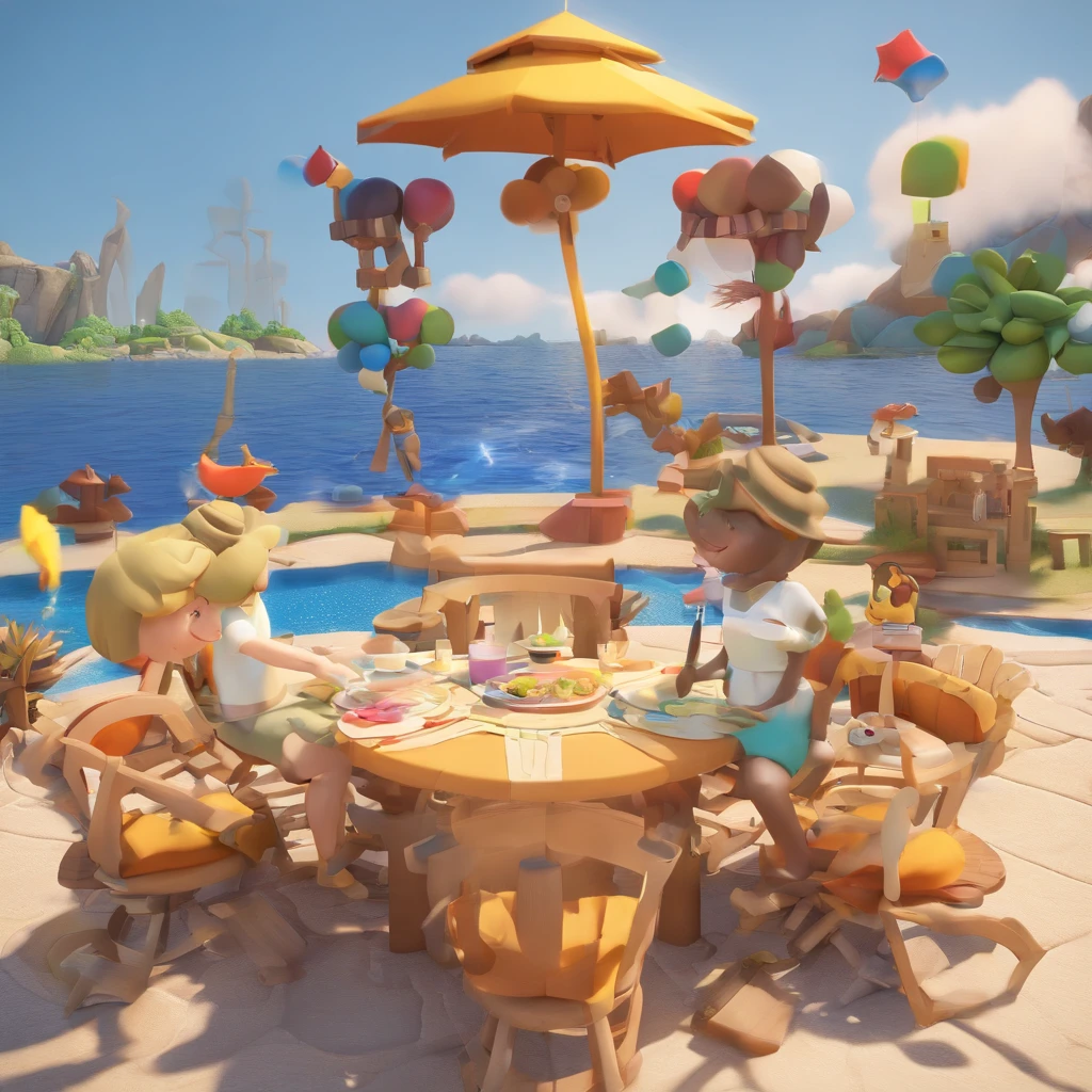 Crie uma cena de desenho animado  stilo 3d - Disney Pixar Cartoon, onde uma mulher, branca de cabelos lisos e castanhos com 29 anos de idade, It's in a park where there's a river, com a sua filha, uma menina pequena, branca dos cabelos loiros e ondulados, fazendo piquenique