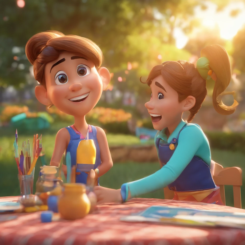 Crie uma cena de desenho animado  stilo 3d - Disney Pixar Cartoon, onde uma mulher, branca de cabelos lisos e castanhos com 29 anos de idade, It's in a park where there's a river, com a sua filha, uma  pequena, branca dos cabelos loiros e ondulados, fazendo piquenique