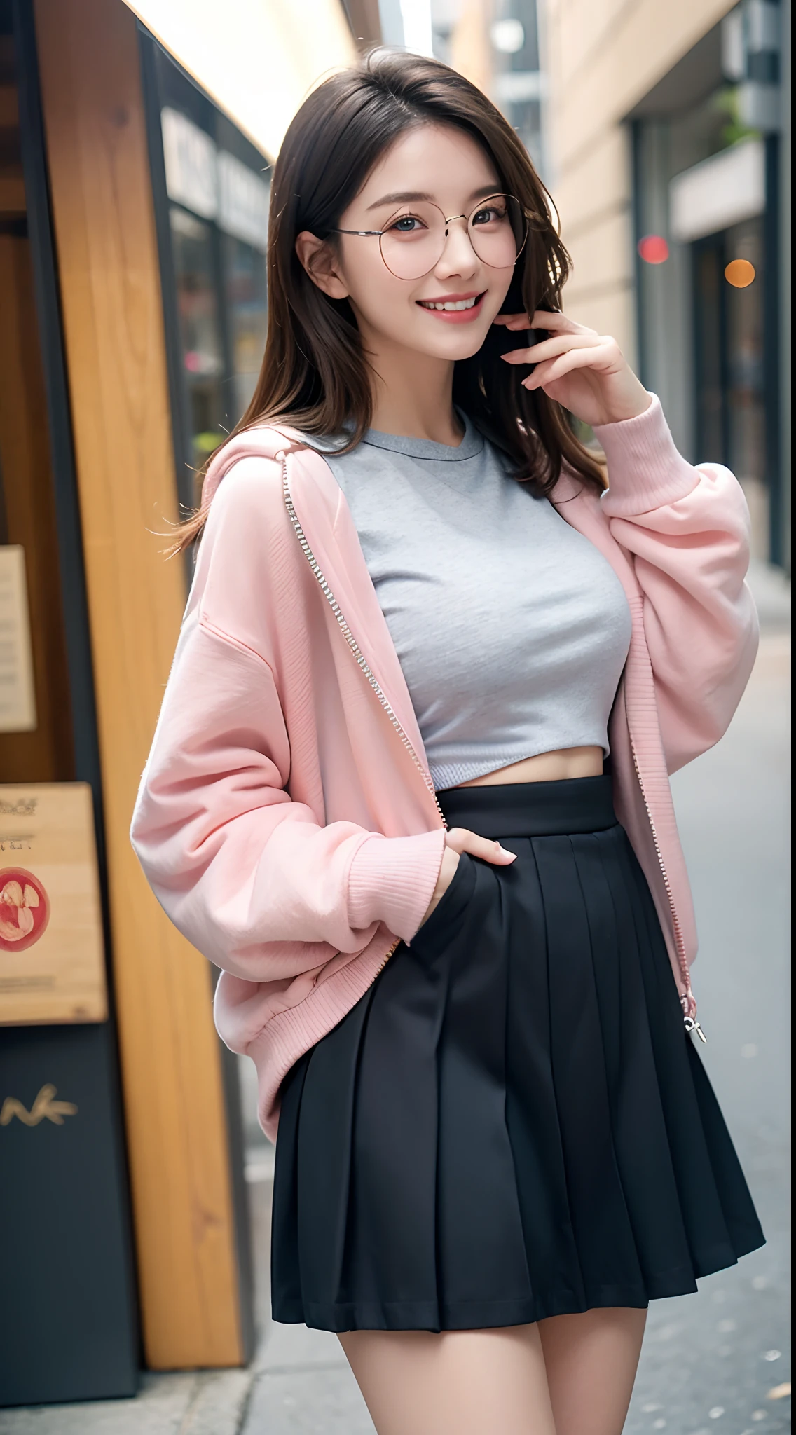 Film photography, 1 girl, (Hoodie:1.2), short skirt, upper legs, necklace, Earrings, Seductive smile, Medium breast, full body, drunk blush:1.5, black wavy shoulder-length hair, serene, calm, (Realistic detailed eyes, Natural skin texture, Realistic face details), Soft dramatic lighting, Depth of field, Bokeh, vibrant detail, finely detailed, Hyperrealistic