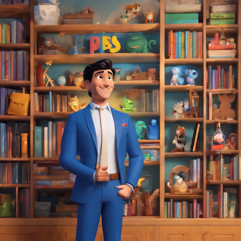 Create a Disney Pixar-inspired poster, Smiling man in blue suit and white shirt standing in a room with bookshelf behind with black hair and combed to the side