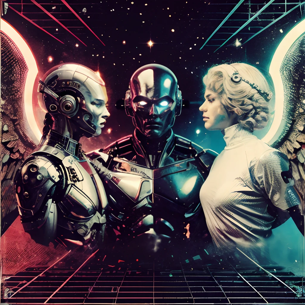 Retrofuture god cyborg y alien mierandose de frente