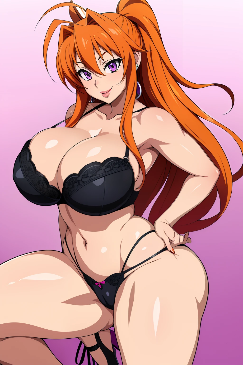 Highschool Dxd art style, Irina Shidou, 1girl, (((bimbo))), long orange hair, purple eyes, ear rings, puffy lips, painted lips, thick lips, wide hips, thick thighs, huge breasts, huge ass, revealing cleavage, erotic, Smile face, bubble butt, camel toe, huge breasts, black panties, black bra, legs posing