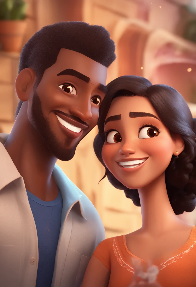 An illustration of an adorable couple, Highlighting a black man and a brunette woman with beautiful expressive eyes – the mulatto man's skin and man's hair is straight and black, barba grande,while the woman's skin is brown and the woman's hair is straight, longo e preto. They are a bright room, cada um com um sorriso no rosto, e compartilhar um momento especial caracterizado pelo amor, Insights. Illustrate this scene from a perspective where they are facing the camera, Smiling and Showing Your Connection. Desenvolva esta arte em Full HD, Focus on your cinematic touch, Estilo Disney Pixar Animations