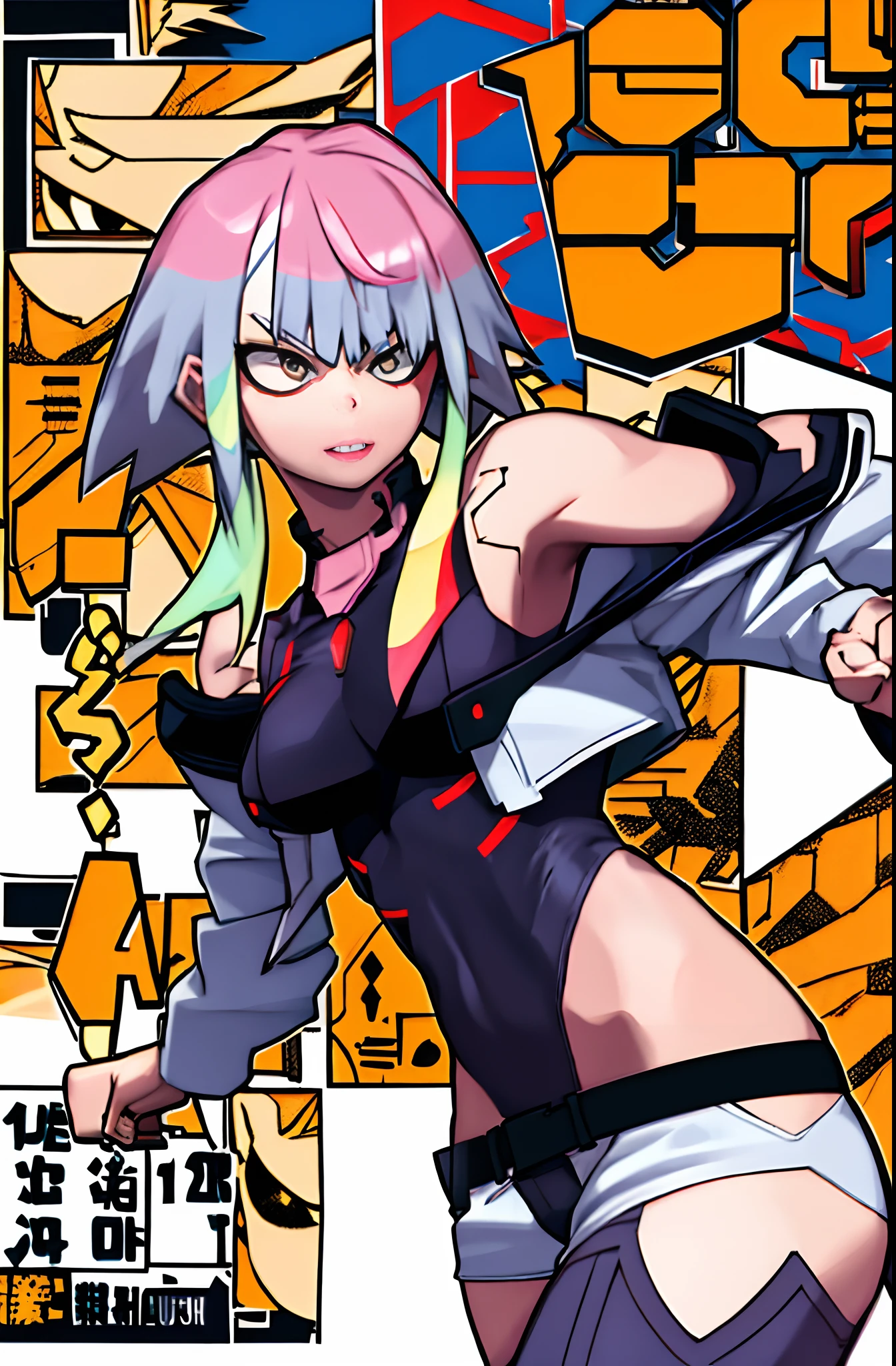 horikoshi kouhei, 1girl, absurdres, bakugou katsuki, lu1, cyborg, multicolored hair, makeup, bare shoulders, black leotard, highleg leotard, (thong:1.1), white jacket, open jacket, belt, shorts,