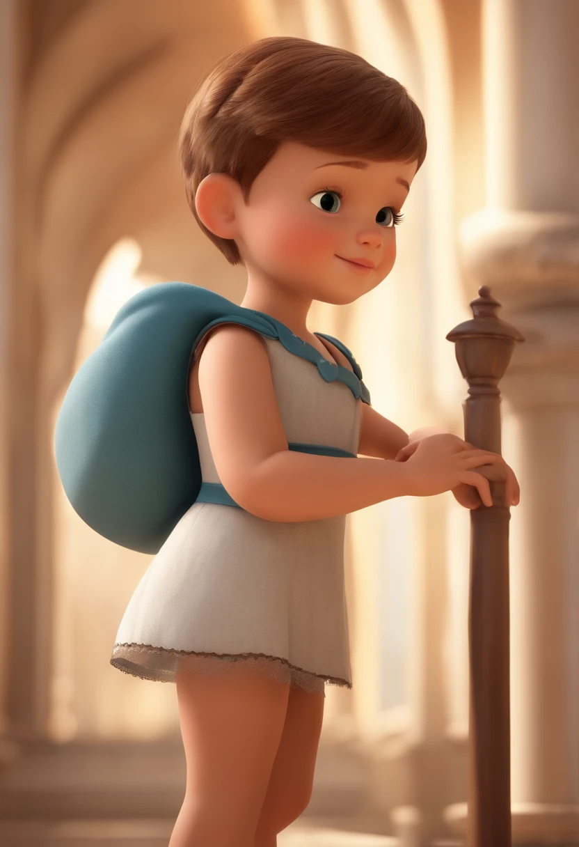 um feliz, Cute child with short hair standing on end, vestido com uma fantasia espacial, contra um fundo branco. O garoto tem um penteado de despedida lateral, lembrando o personagem Tom da Pixar. The image is in 3D with a cartoon style, capturing every intricate detail of the child's face. The resolution is ultra-high, with asymmetrical elements, Achieving 16K Quality. The colors are vibrant and vivid, enfatizando a atmosfera alegre e vibrante. Lighting creates a warm, illuminated effect, Highlighting the child's excited expression.