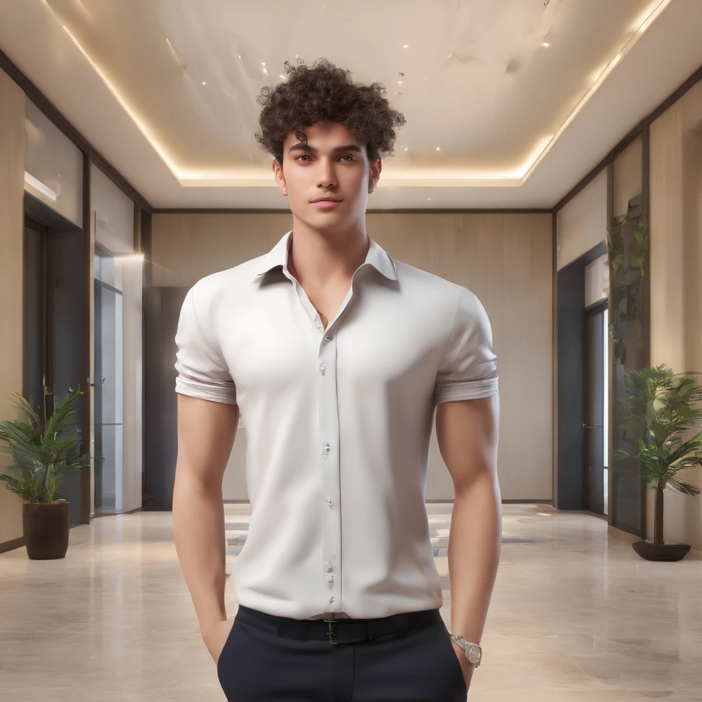 homem magro de 22 anos, branco, com cabelo preto curto, vestindo um colete preto com uma blusa branca por baixo, strained expression, Walking into a decrepit hotel lobby. Rosto realista, sorridente, Terreno cinzento,
