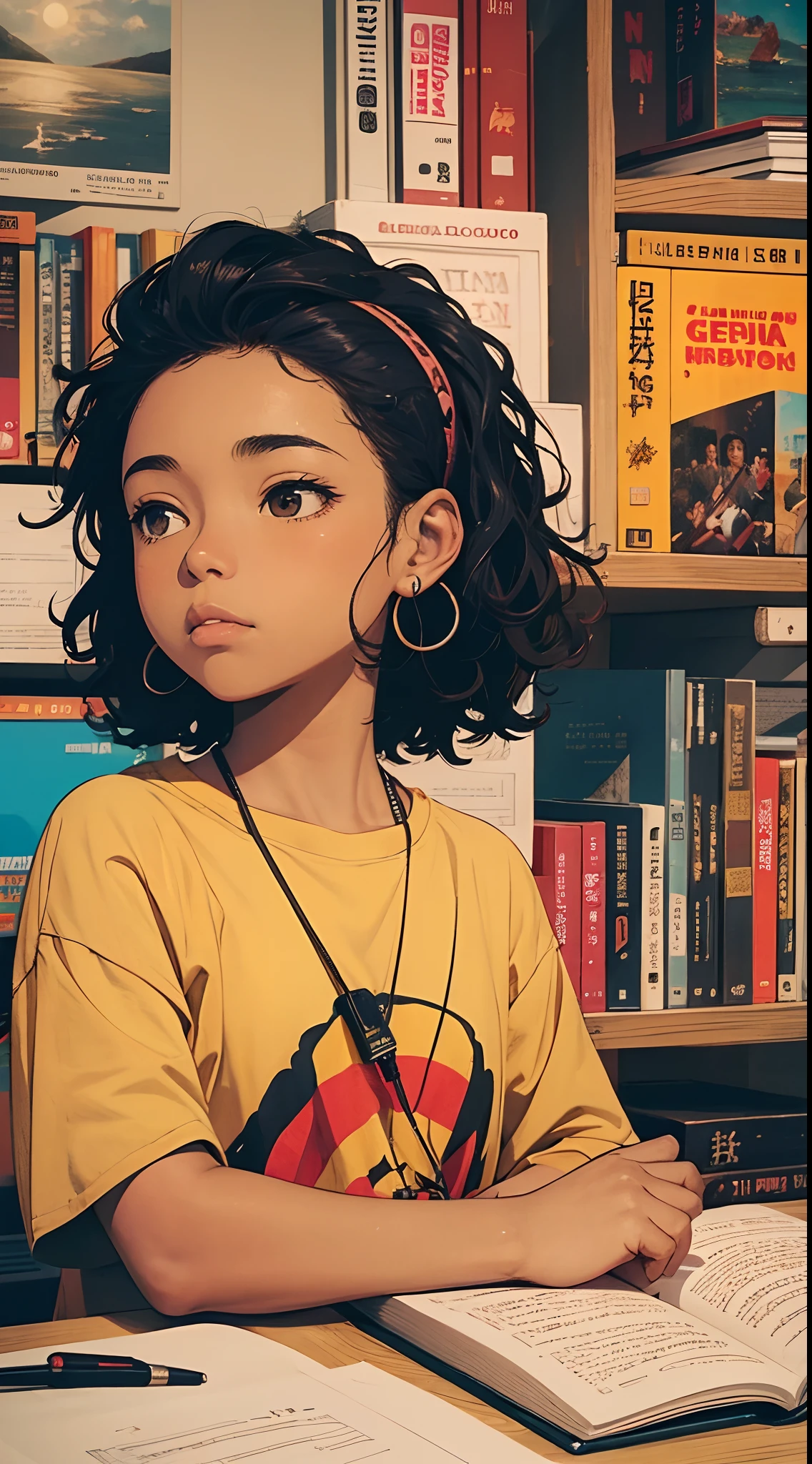1mujer, Only, sentado en una mesa con auriculares, puesta del sol, Afroamericano, un libro, Chica Lofi, Arte Lofi, Null Art Style, Lofi Sensation, Retrato de Lofi, Colores Lofi, nulo, Arte lo-fi, Vibraciones Lofi , Ambiente Lofi, Lofi hip hop, Satoshi Could Have an Art Style, Lofi Girl Aesthetics