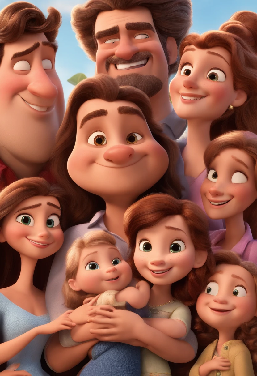 a Disney Pixar movie poster showing a white-skinned family. The father is the tallest, Tem barba curta, loiro, cabelos curtos e espinhosos. The mother has brown eyes and hair, shoulder-length and is slightly overweight. A menina tem 4 anos e cabelos castanhos, roupa rosa e rabos de cavalo. The background is a beach garden. 3D-rendering
