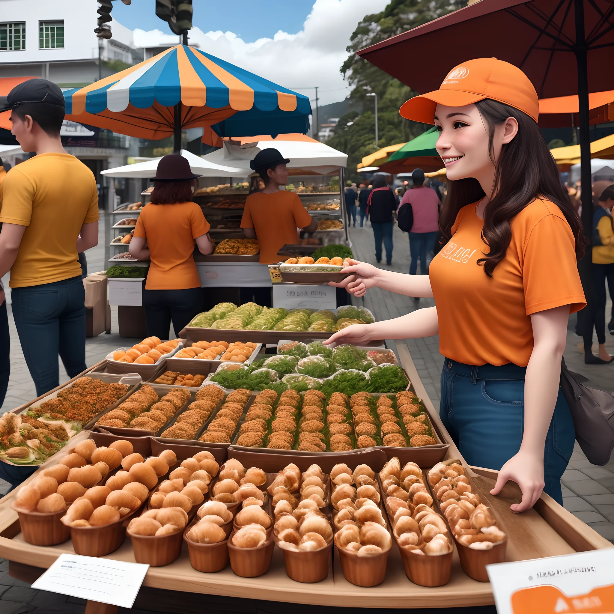 A vendor in an orange shirt offering sightseeing tours in the square of Campos do Jordao for oyster people