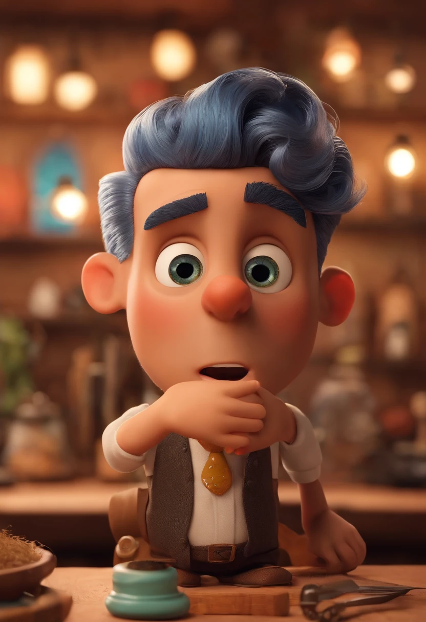 A Dream Barber Inspired by Pixar Animation, de perto. The character takes center stage with captivating facial expressions, oferecendo um toque de irrealidade, Cabelo curto e gordinho gradiente