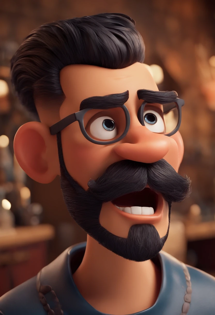 A Dream Barber Inspired by Pixar Animation, de perto. The character takes center stage with captivating facial expressions, oferecendo um toque de irrealidade, Cabelo curto e gordinho gradiente