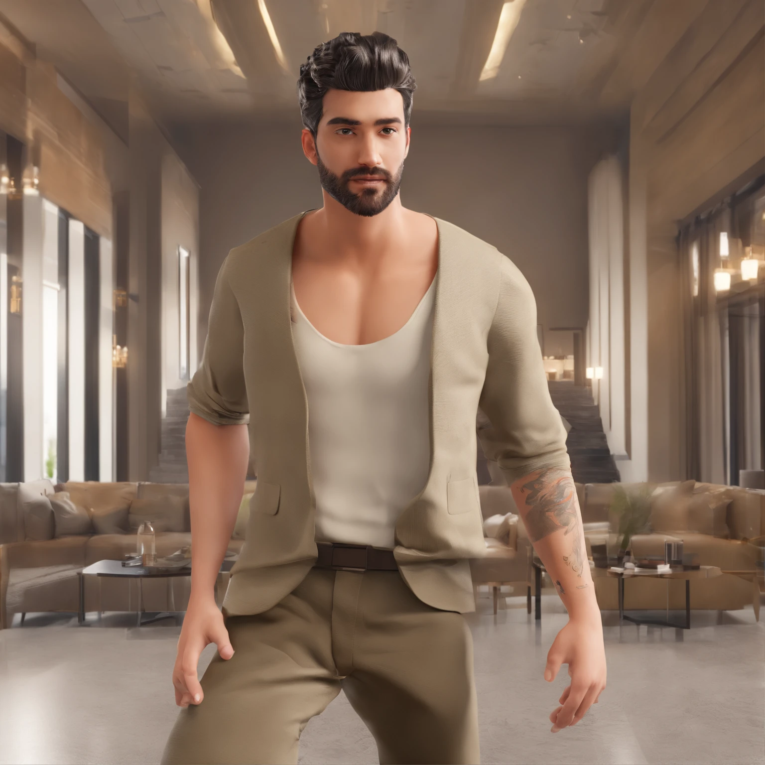 homem magro de 22 anos, branco, com cabelo preto curto, vestindo um colete preto com uma blusa branca por baixo, strained expression, Walking into a decrepit hotel lobby. Rosto realista, sorridente, Terreno cinzento,