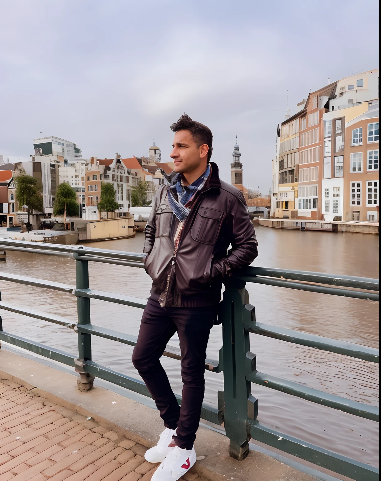 Arafed man standing on a bridge near a river and a city, inspirado por Willem Labeij, amsterdam, na cidade, standing in a city center, inspirado em Jan Miel, River in front of you, inspirado em Johannes van Haensbergen, inspirado por Jan Tengnagel, no meio da cidade, inspirado em Jacob Koninck