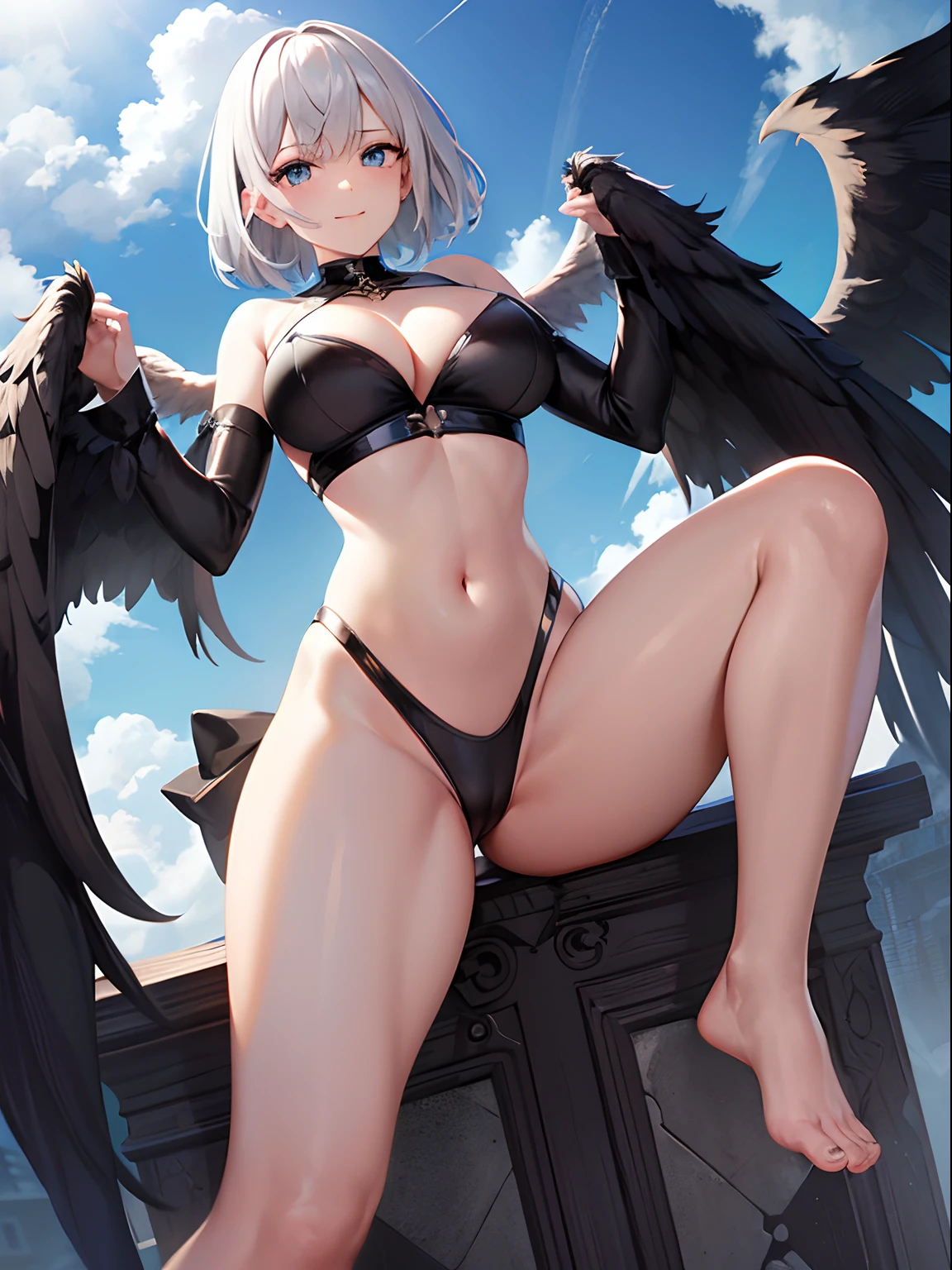 High quality, cool beauty, beautiful woman, mature, beautiful silver hair, short hair, bangs, Russian style beauty, beautiful legs, taut and beautiful breasts, beautiful ass, taut and beautiful ass, beautiful ass, light blue eyes, sexy outfit, black outfit, black and gold outfit, slit, above the sky, above the clouds, black clouds, fallen angel, fallen Angel, big wings, jet black wings, wings on back, cleavage, navel, navel out, feet, raw legs, fearless smile,