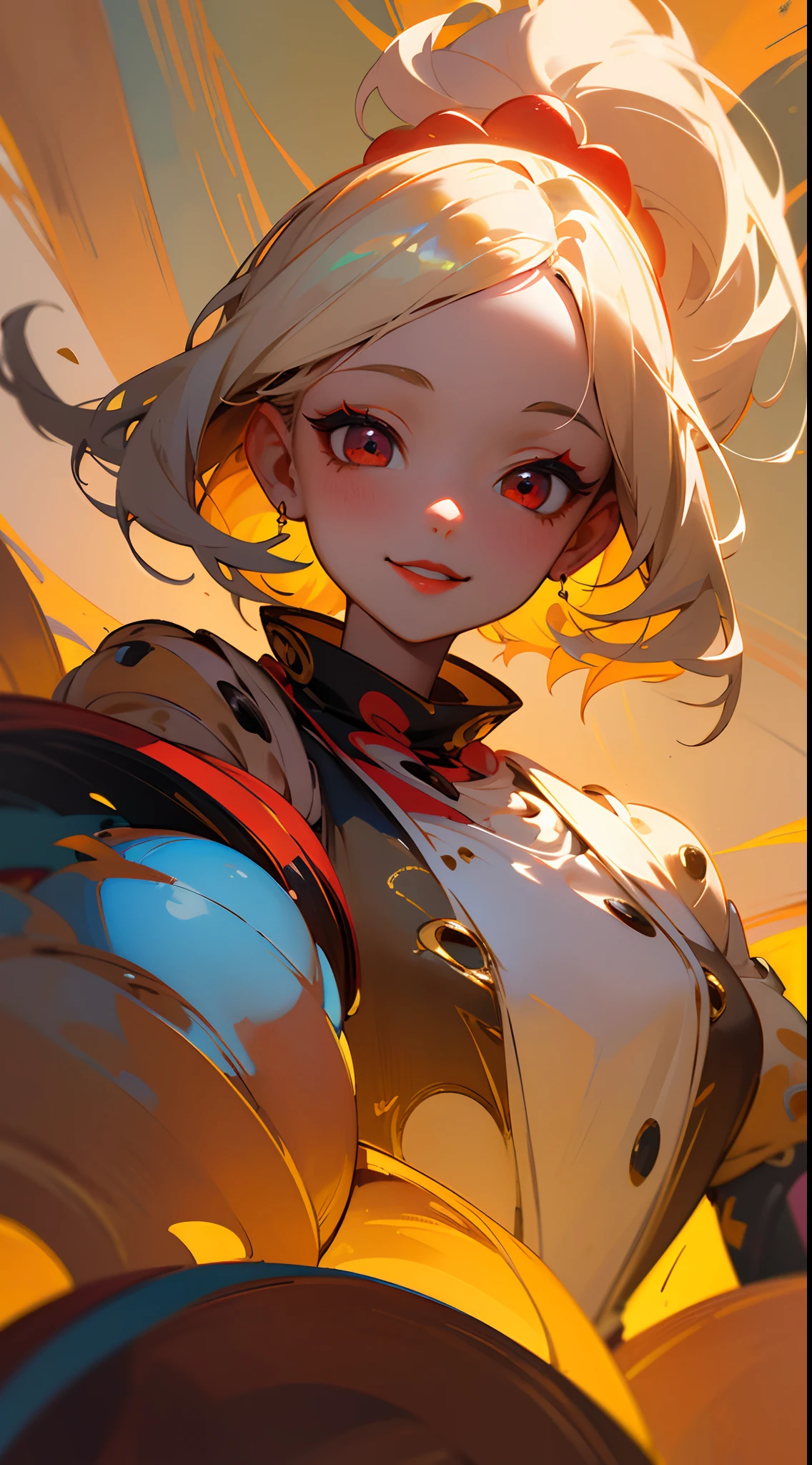 1 Female、Small breasts、Blonde ponytail、Round red eyes、Fine and beautiful skin、smile、smile、Ahoge、Upper body close-up、A detailed red rider&#39;s jacket、Wear a big jacket、Cinematic Light、Golden hour sky