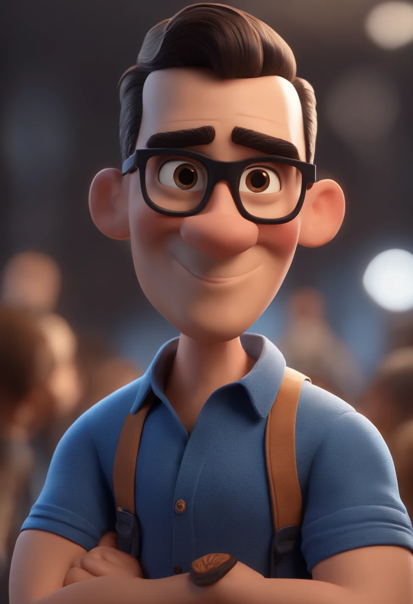 Cartoon character of a man with black glasses and a blue shirt, animation character, Caractere estilizado, animation style rendering, 3D estilizado, Arnold Maya render, 3 d render stylized, toon render keyshot, Personagem 3D, Personagem 3D, 3d rendering stylized, 3 d character render, personagem de desenho animado, Personagem de close up, Pose de personagem, (Estilo Pixar) (master part:1.2) (Bokeh) (best quality) (pele detalhada) (textura detalhada) (8k) (argila) (Cinematic lighting) (foco nítido
