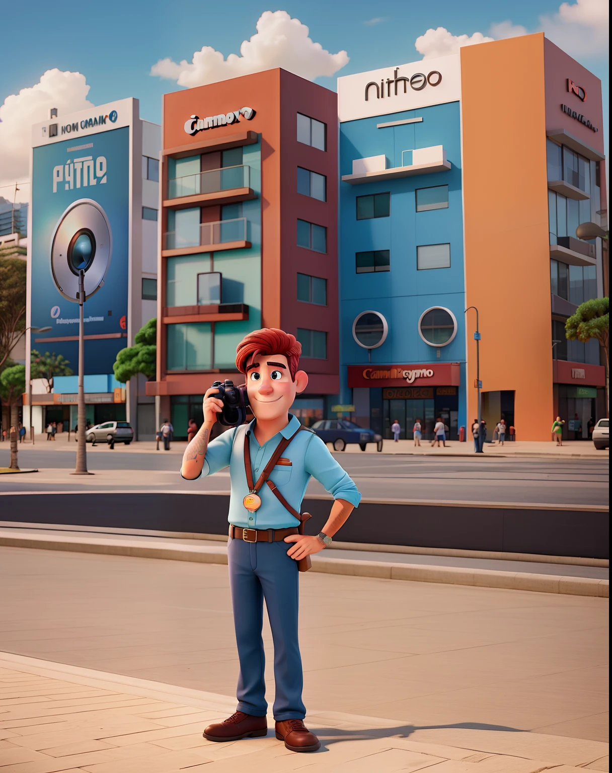 Um homem moreno , fotografo , With a Canon Camera in Hand in Niterói City Center Pixar Poster